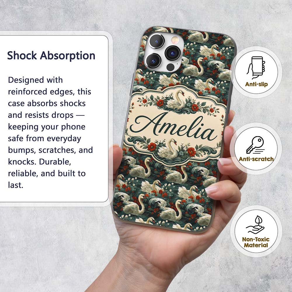 Dark Swan Floral Water Garden Seamless Pattern Custom Name Protective Phone Case Mobile Cover Durable Everyday Smartphone Shock Resistant