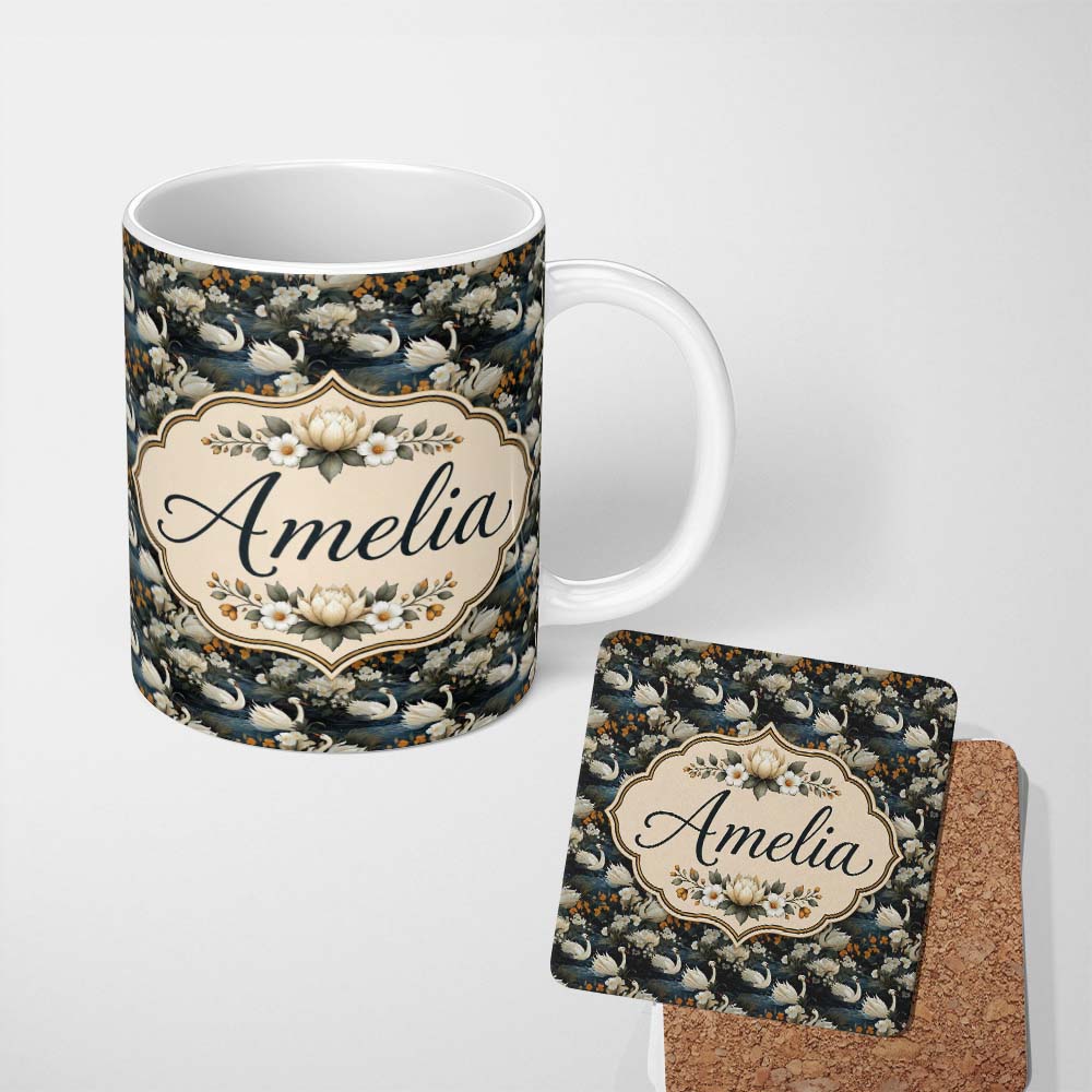 Personalized Custom Name Luxury Swan Floral Night Lake Seamless Pattern Elegant Botanical 11oz Ceramic Coffee Tea Mug White Large Handle