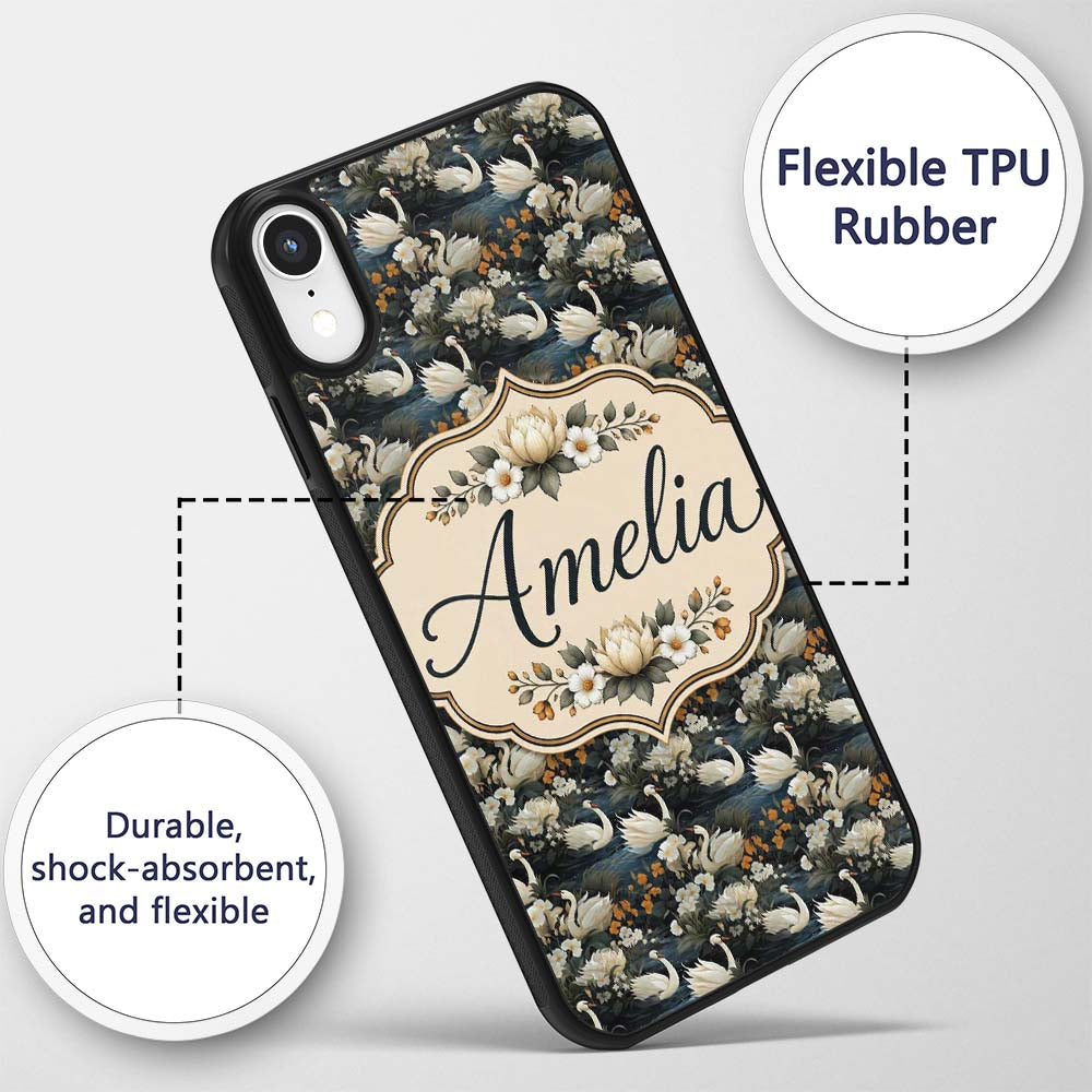 Luxury Swan Floral Night Lake Seamless Pattern Custom Name Protective Phone Case Mobile Cover Durable Everyday Smartphone Shock Resistant