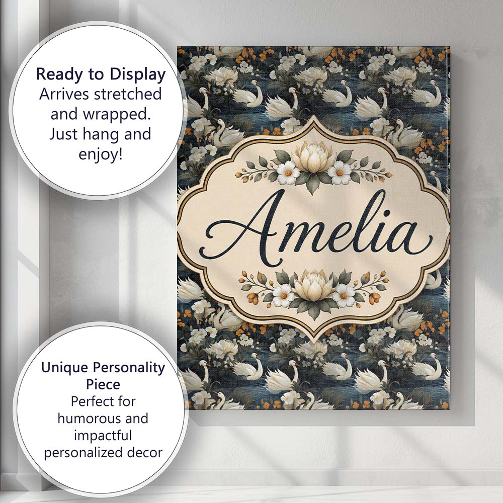 Personalised Name Luxury Swan Floral Night Custom Unique Gift Idea Elegant Feature Canvas Wall Art Print Decor Picture Ready to Hang