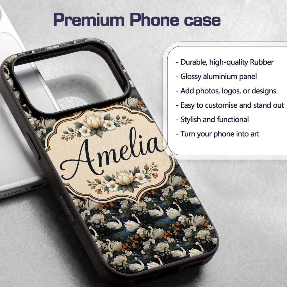 Luxury Swan Floral Night Lake Seamless Pattern Custom Name Protective Phone Case Mobile Cover Durable Everyday Smartphone Shock Resistant