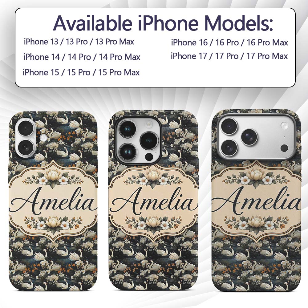 Luxury Swan Floral Night Lake Seamless Pattern Custom Name Protective Phone Case Mobile Cover Durable Everyday Smartphone Shock Resistant