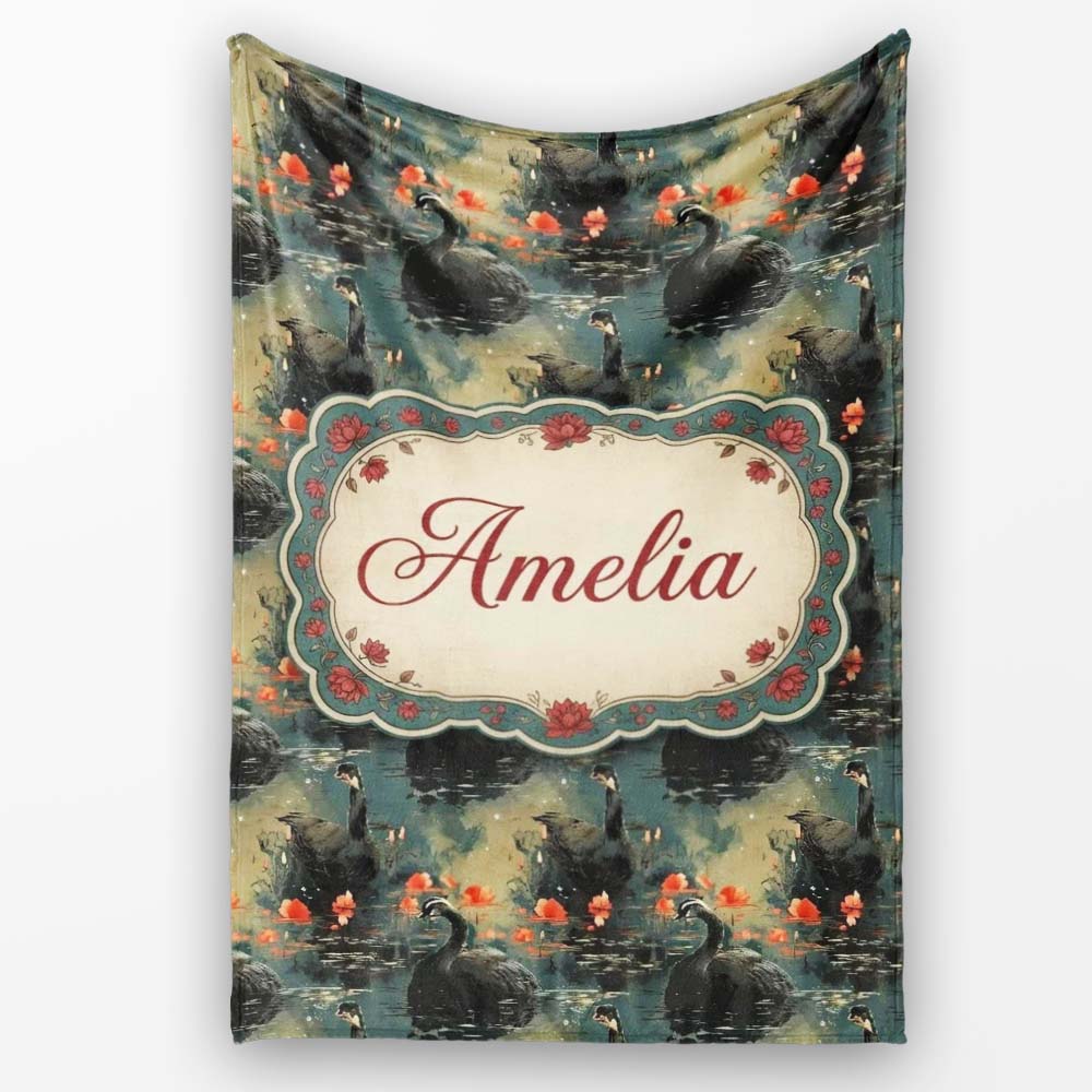 Black Swan Floral Water Reflection Seamless Pattern Moody Nature Personalised Custom Name Super Soft Fleece Blanket Bed Sofa Throw