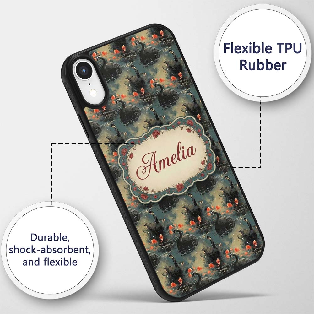 Black Swan Floral Water Reflection Printed Design Custom Name Protective Phone Case Mobile Cover Durable Everyday Smartphone Shock Resistant