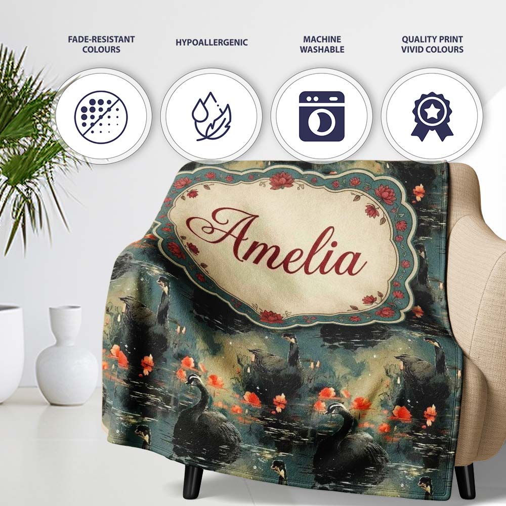 Black Swan Floral Water Reflection Seamless Pattern Moody Nature Personalised Custom Name Super Soft Fleece Blanket Bed Sofa Throw