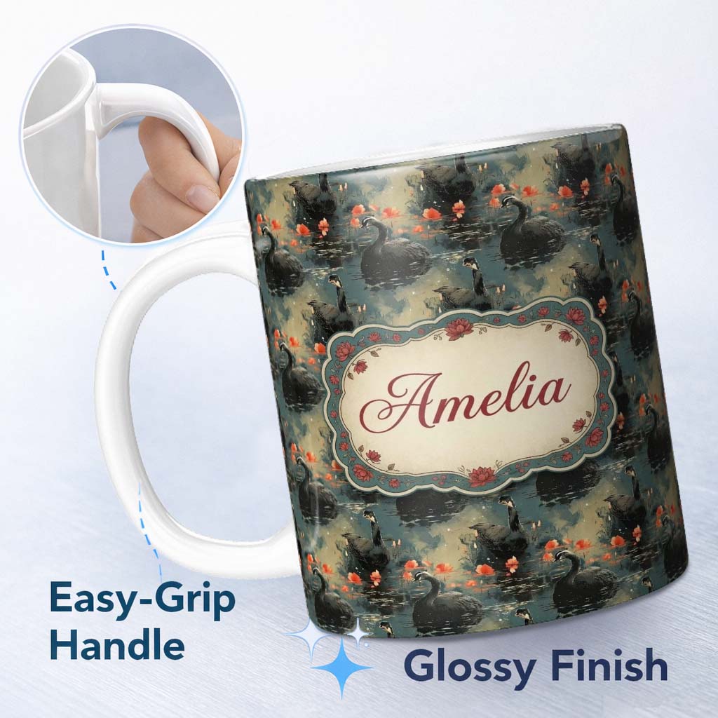 Personalized Custom Name Black Swan Floral Water Reflection Seamless Pattern Moody Nature 11oz Ceramic Coffee Tea Mug White Large Handle