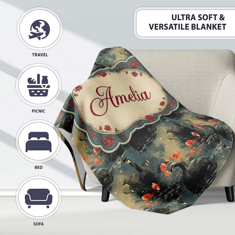 Black Swan Floral Water Reflection Seamless Pattern Moody Nature Personalised Custom Name Super Soft Fleece Blanket Bed Sofa Throw