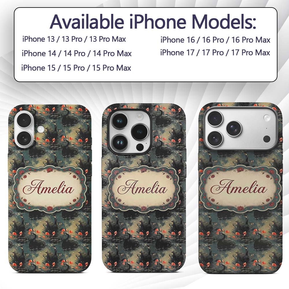 Black Swan Floral Water Reflection Printed Design Custom Name Protective Phone Case Mobile Cover Durable Everyday Smartphone Shock Resistant