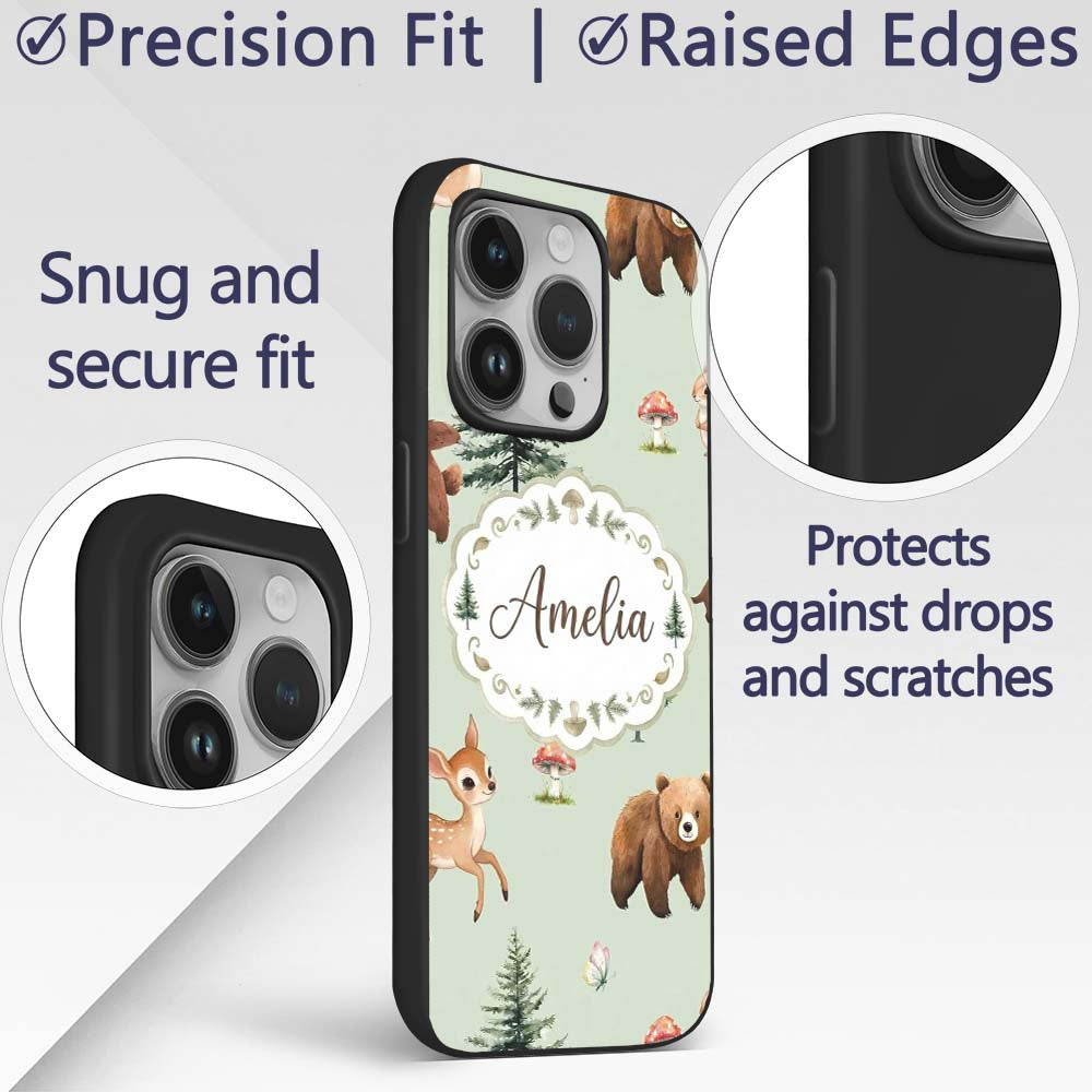 Cute Woodland Forest Animals Bear Bunny Deer on Custom Name Protective Phone Case Mobile Cover Durable Everyday Smartphone Shock Resistant