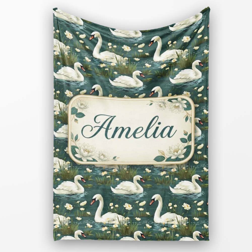 Soft Swan Lake Floral Seamless Pattern Calm Nature Botanical Scene Personalised Custom Name Super Soft Fleece Blanket Bed Sofa Throw