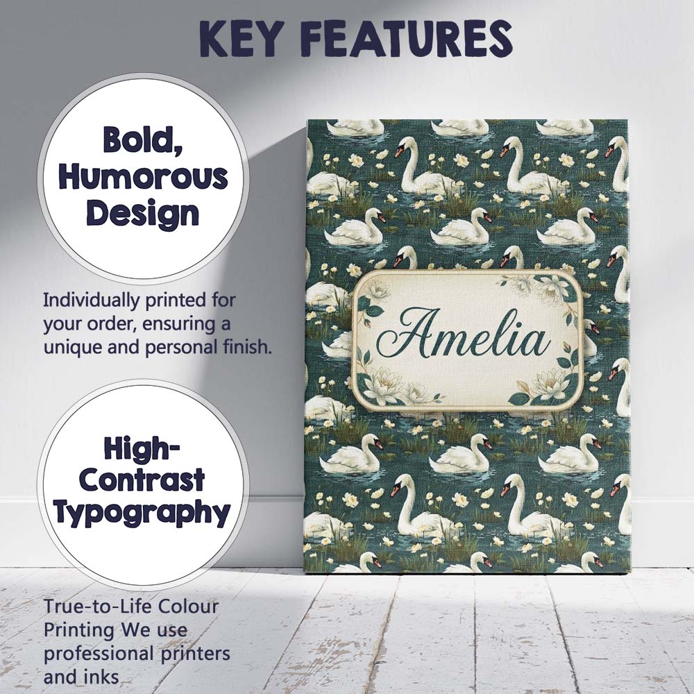 Personalised Name Soft Swan Lake Floral Custom Modern Room Accent Elegant Feature Canvas Wall Art Print Decor Picture Ready to Hang