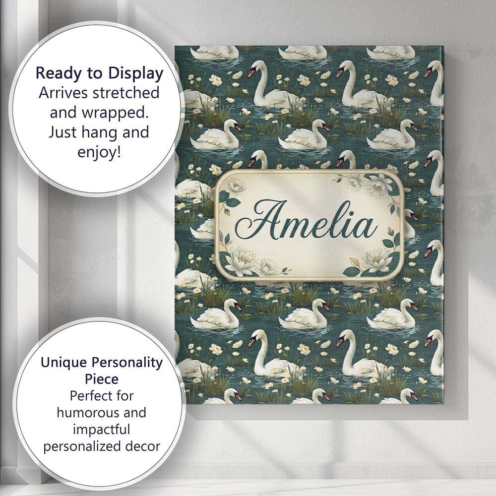 Personalised Name Soft Swan Lake Floral Custom Modern Room Accent Elegant Feature Canvas Wall Art Print Decor Picture Ready to Hang