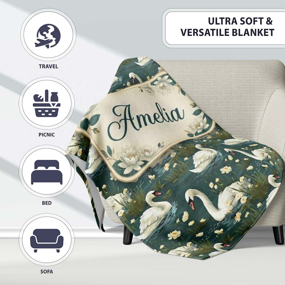 Soft Swan Lake Floral Seamless Pattern Calm Nature Botanical Scene Personalised Custom Name Super Soft Fleece Blanket Bed Sofa Throw