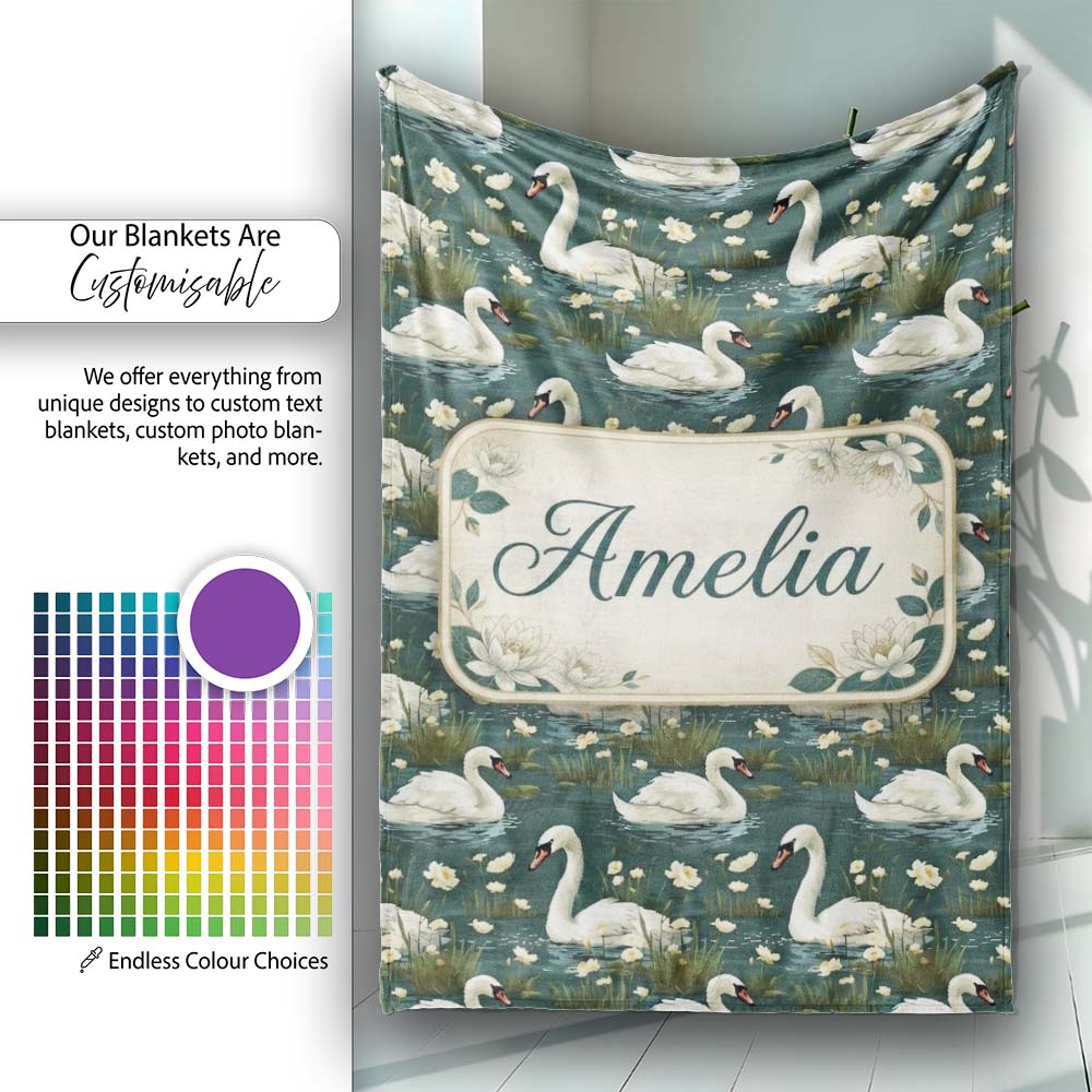 Soft Swan Lake Floral Seamless Pattern Calm Nature Botanical Scene Personalised Custom Name Super Soft Fleece Blanket Bed Sofa Throw