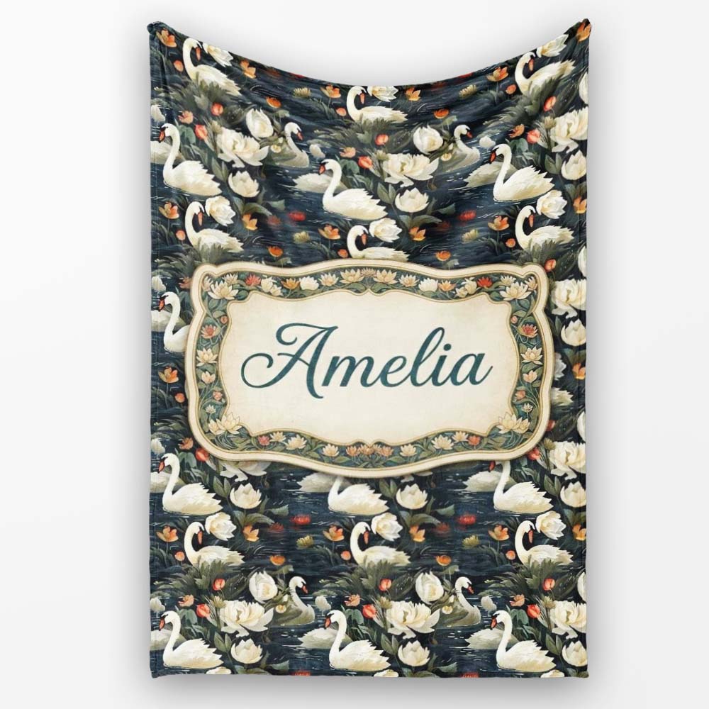 White Swan Tulip Floral Seamless Pattern Elegant Water Garden Personalised Custom Name Super Soft Fleece Blanket Bed Sofa Throw