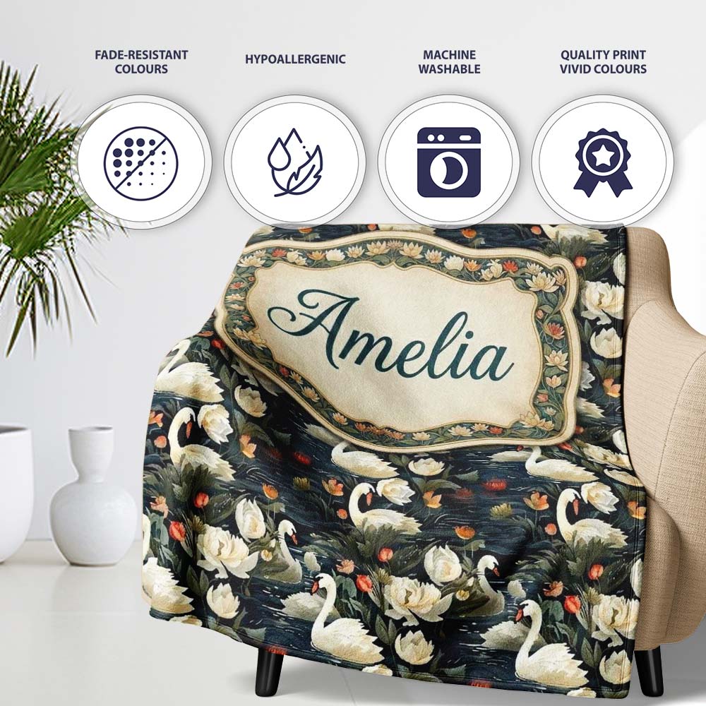 White Swan Tulip Floral Seamless Pattern Elegant Water Garden Personalised Custom Name Super Soft Fleece Blanket Bed Sofa Throw