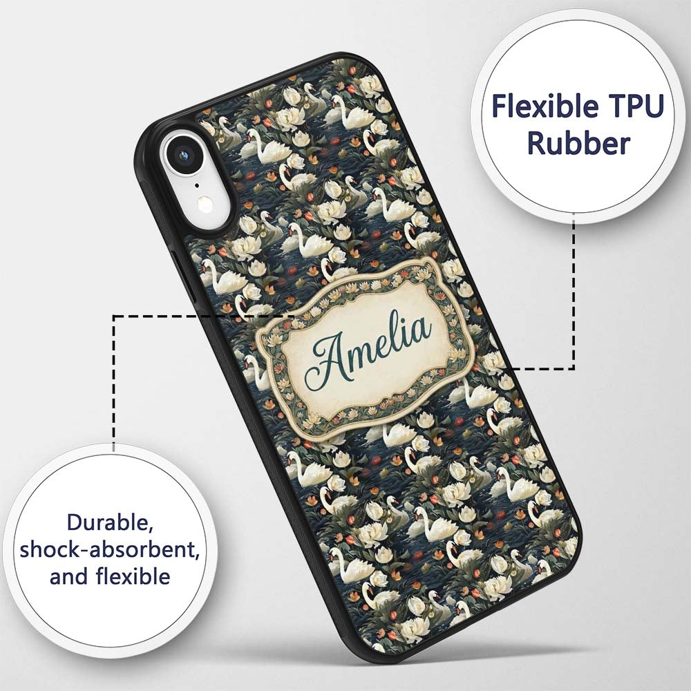 White Swan Tulip Floral Seamless Pattern Elegant Custom Name Protective Phone Case Mobile Cover Durable Everyday Smartphone Shock Resistant