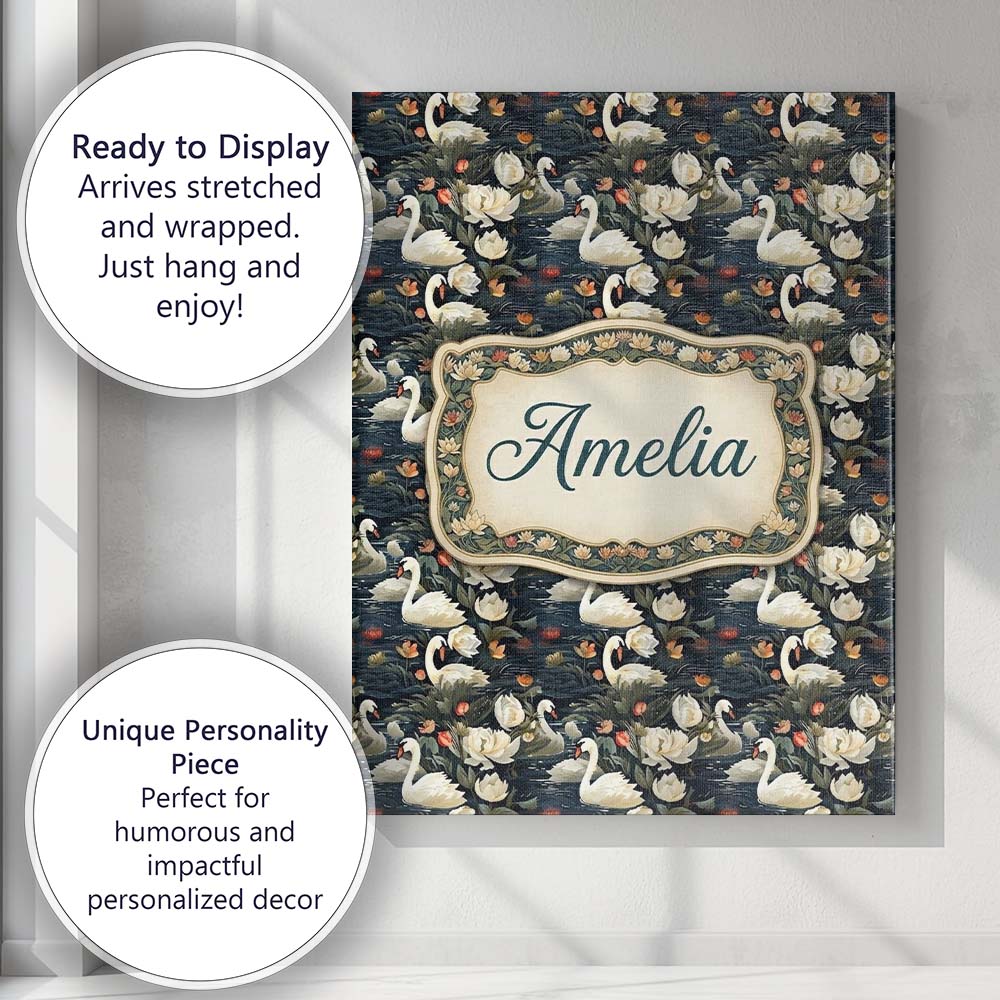Personalised Name White Swan Tulip Floral Custom Unique Gift Idea Elegant Feature Canvas Wall Art Print Decor Picture Ready to Hang