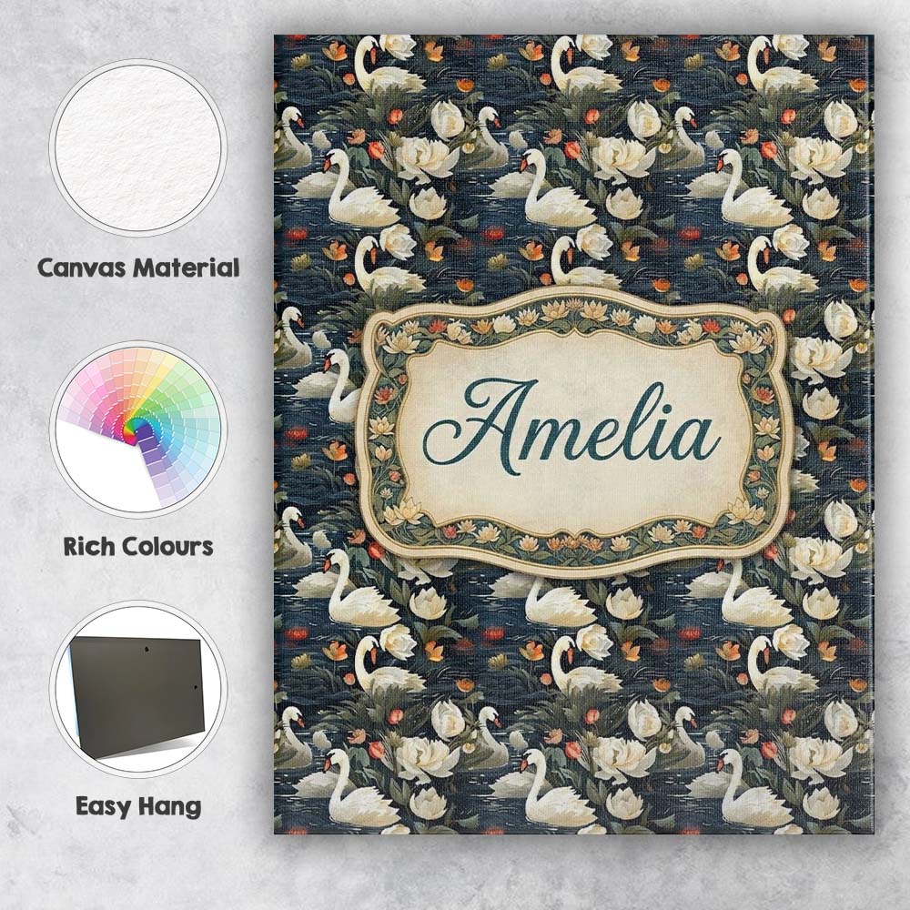 Personalised Name White Swan Tulip Floral Custom Unique Gift Idea Elegant Feature Canvas Wall Art Print Decor Picture Ready to Hang