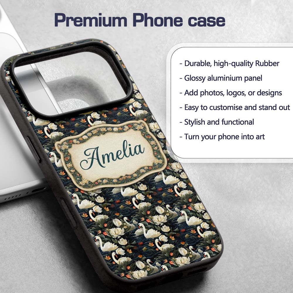 White Swan Tulip Floral Seamless Pattern Elegant Custom Name Protective Phone Case Mobile Cover Durable Everyday Smartphone Shock Resistant