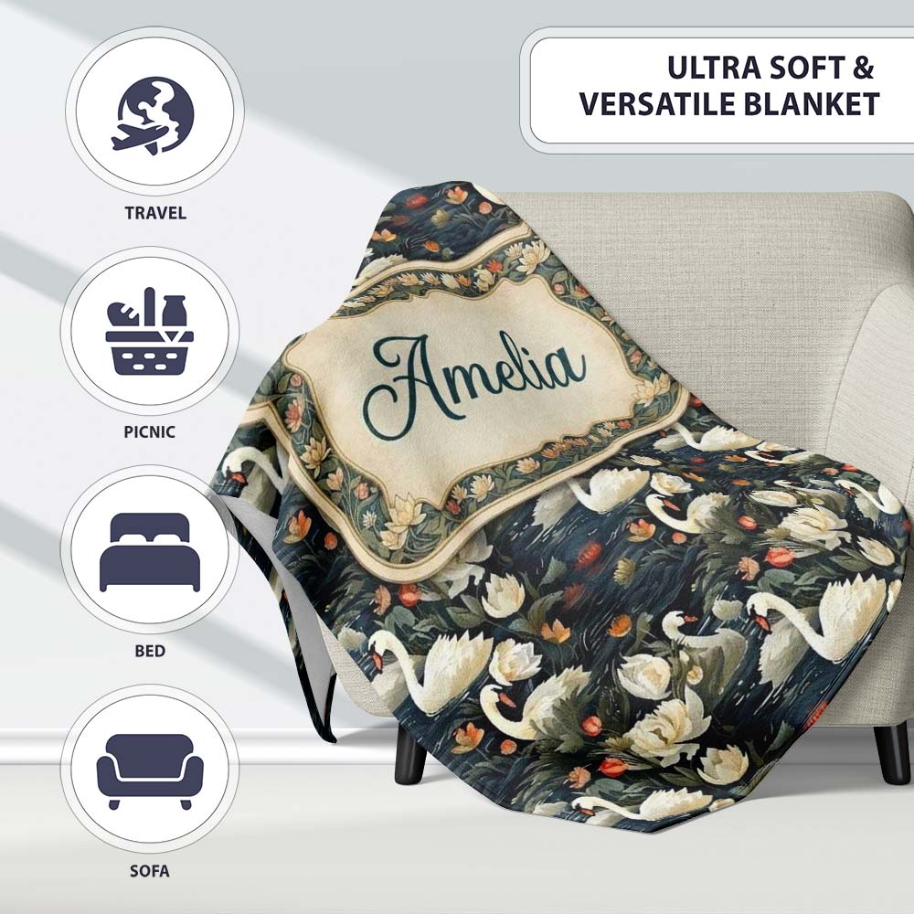White Swan Tulip Floral Seamless Pattern Elegant Water Garden Personalised Custom Name Super Soft Fleece Blanket Bed Sofa Throw
