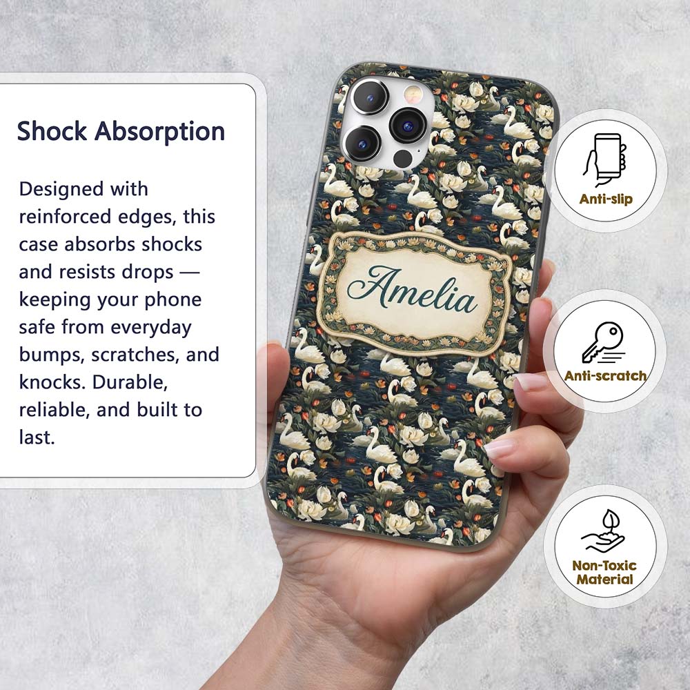 White Swan Tulip Floral Seamless Pattern Elegant Custom Name Protective Phone Case Mobile Cover Durable Everyday Smartphone Shock Resistant