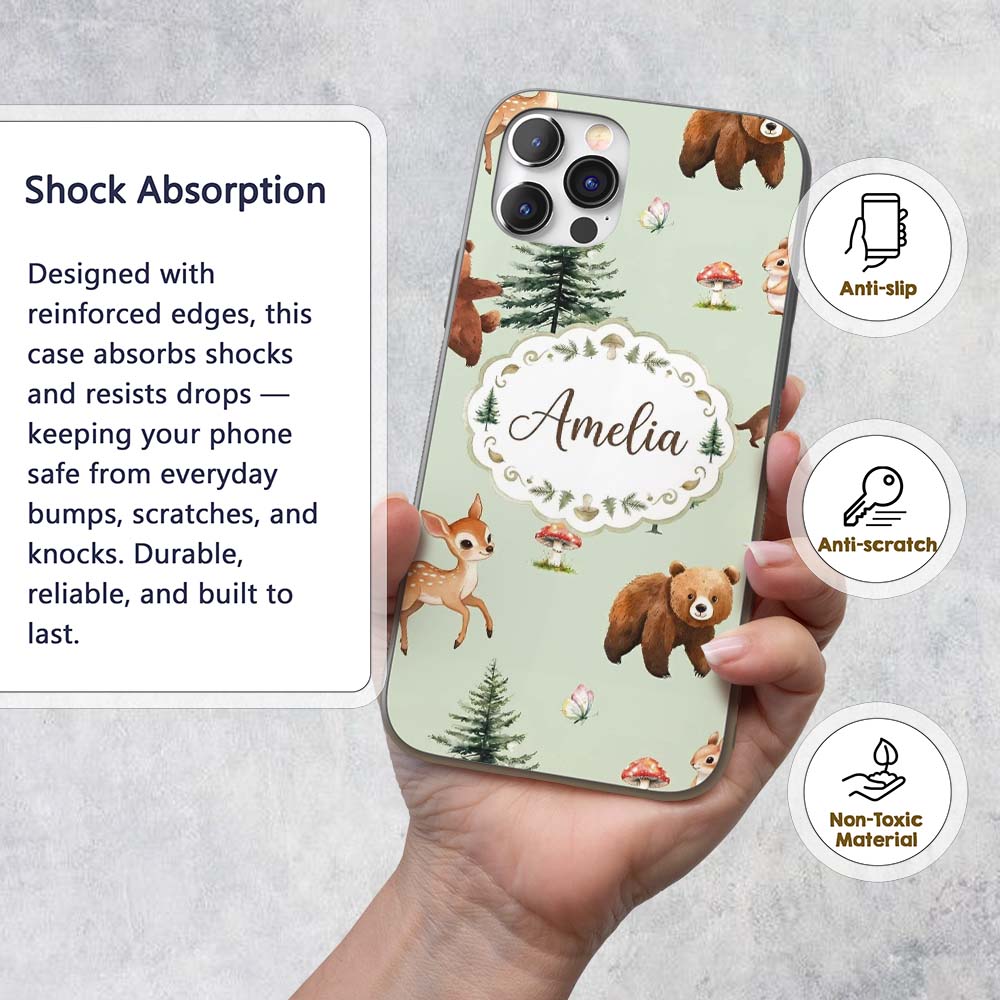 Cute Woodland Forest Animals Bear Bunny Deer on Custom Name Protective Phone Case Mobile Cover Durable Everyday Smartphone Shock Resistant