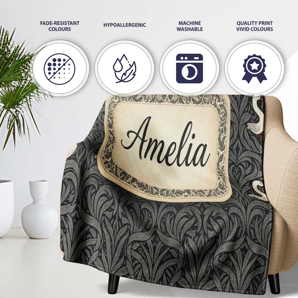 Modern Black Swan Abstract Seamless Pattern Stylish Feather Design Personalised Custom Name Super Soft Fleece Blanket Bed Sofa Throw