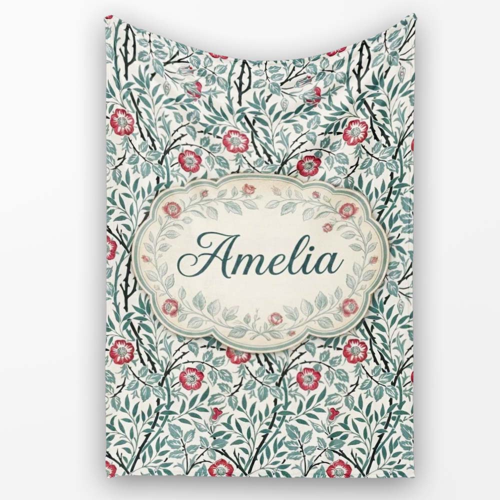 Vintage Botanical Floral Vine Pattern with Red Flowers Seamless Personalised Custom Name Super Soft Fleece Blanket Bed Sofa Throw