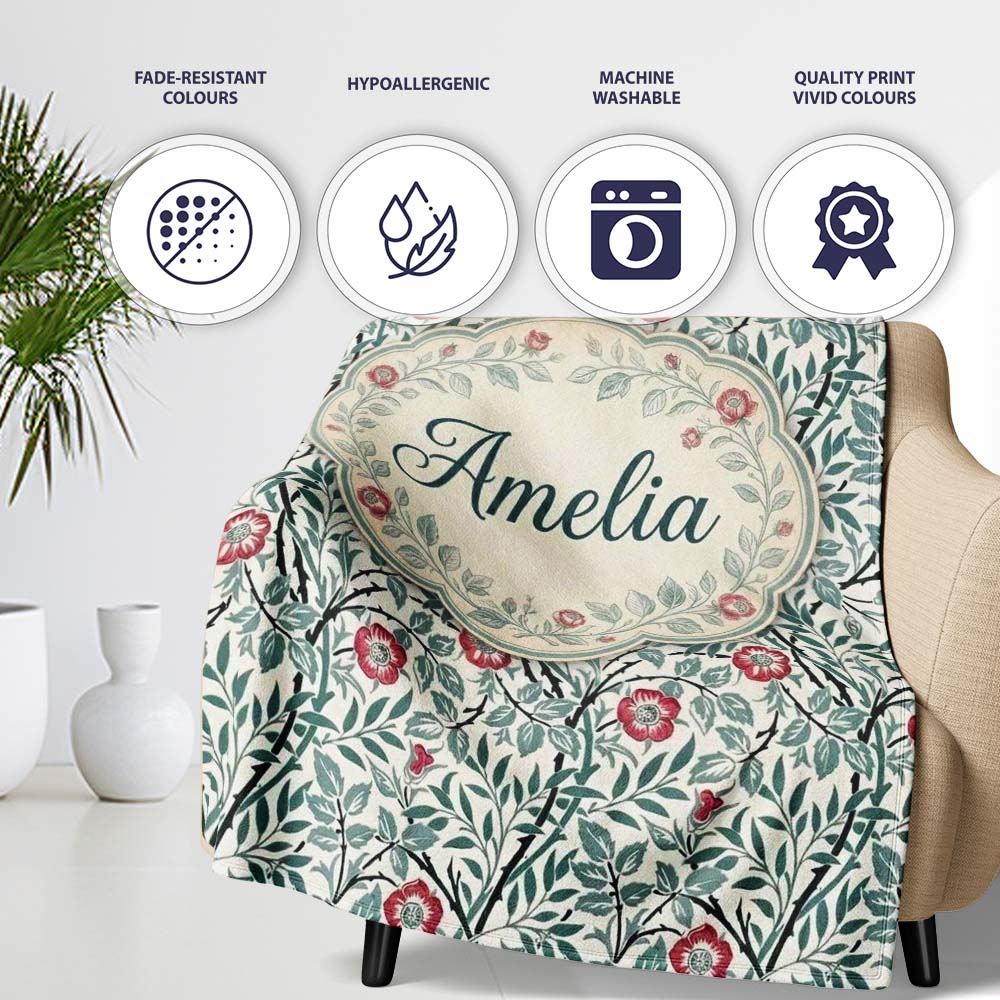 Vintage Botanical Floral Vine Pattern with Red Flowers Seamless Personalised Custom Name Super Soft Fleece Blanket Bed Sofa Throw