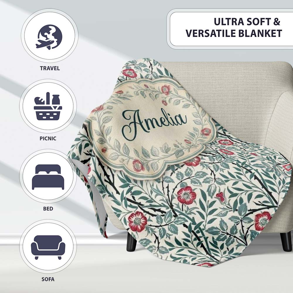 Vintage Botanical Floral Vine Pattern with Red Flowers Seamless Personalised Custom Name Super Soft Fleece Blanket Bed Sofa Throw