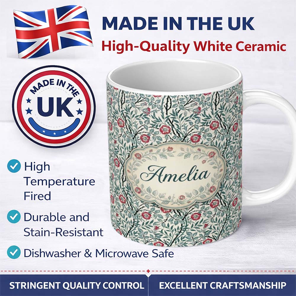 Personalized Custom Name Vintage Botanical Floral Vine Pattern with Red Flowers Seamless 11oz Ceramic Coffee Tea Mug White Large Handle