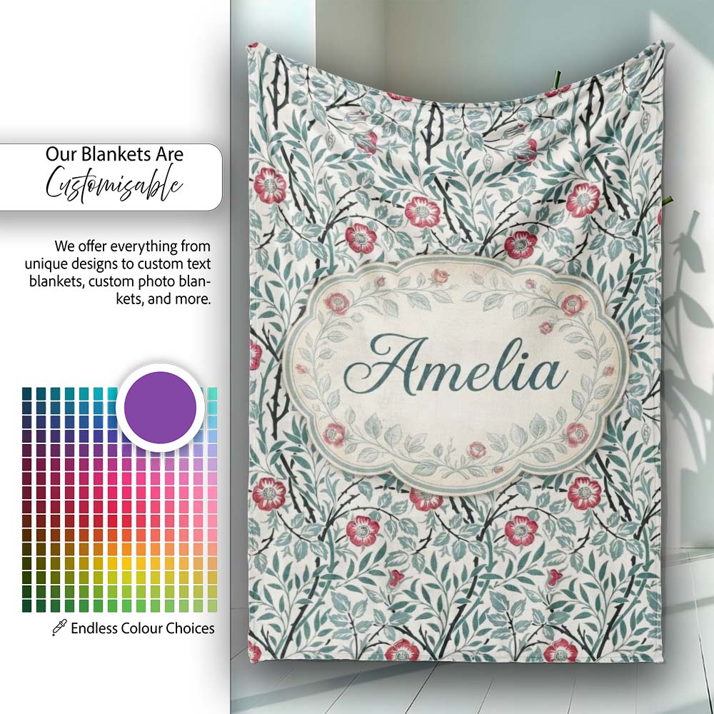 Vintage Botanical Floral Vine Pattern with Red Flowers Seamless Personalised Custom Name Super Soft Fleece Blanket Bed Sofa Throw