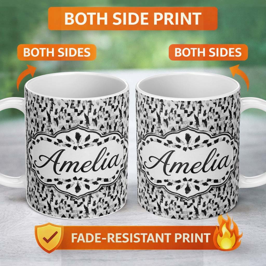 Personalized Custom Name Abstract Black White Textured Brushstroke Pattern Seamless Name Cute 11oz Ceramic Coffee Tea Mug White Large Handle