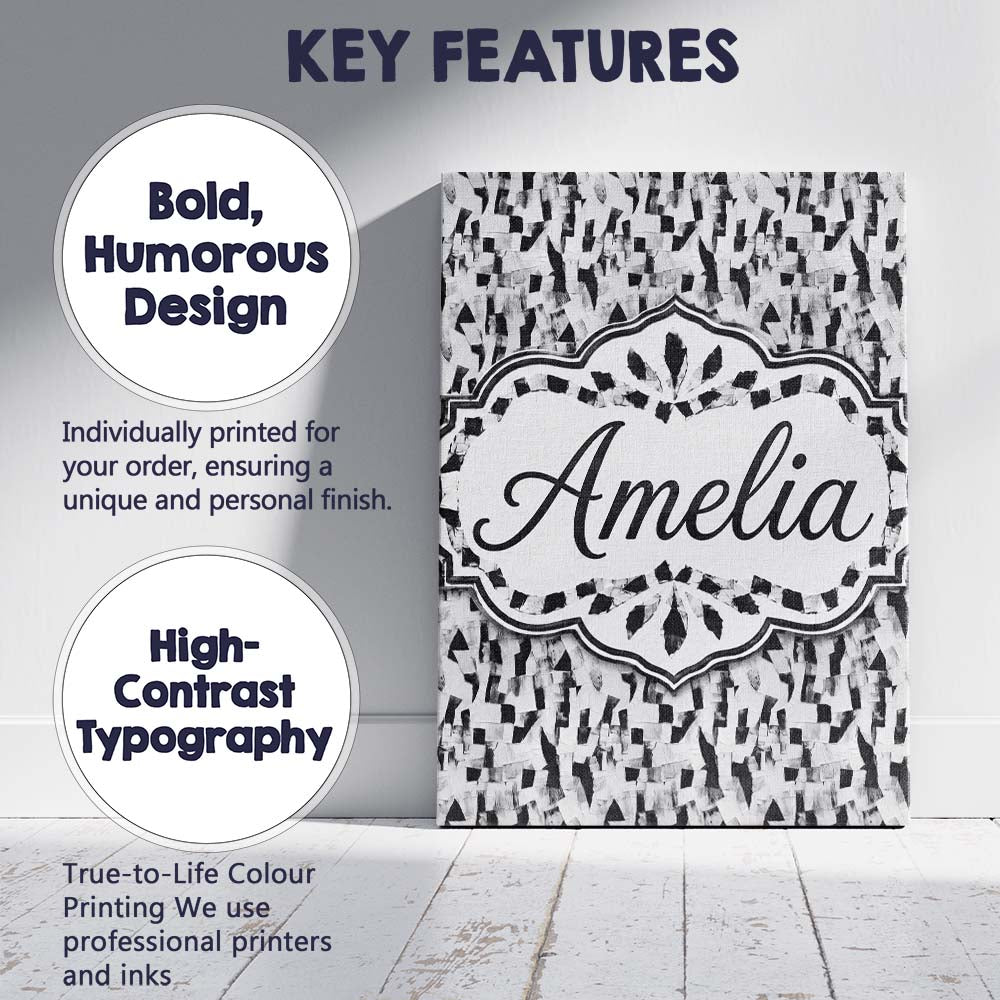 Personalised Name Abstract Black White Custom Modern Room Accent Elegant Feature Canvas Wall Art Print Decor Picture Ready to Hang