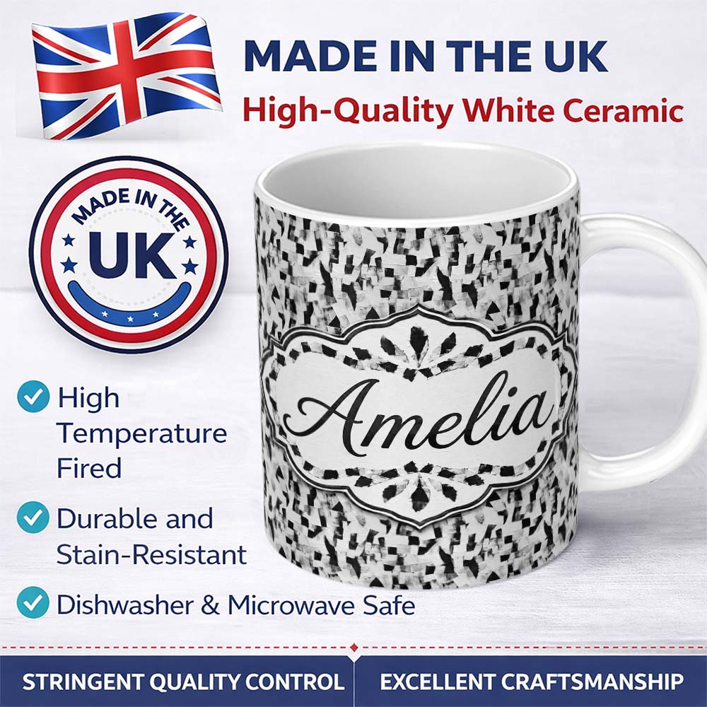 Personalized Custom Name Abstract Black White Textured Brushstroke Pattern Seamless Name Cute 11oz Ceramic Coffee Tea Mug White Large Handle