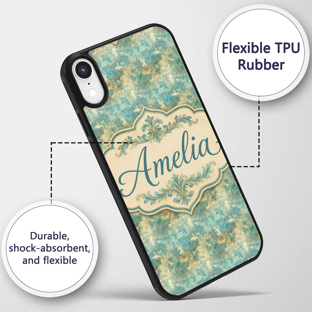 Elegant Teal Damask Ornamental Vintage Style Custom Name Protective Phone Case Mobile Cover Durable Everyday Smartphone Shock Resistant