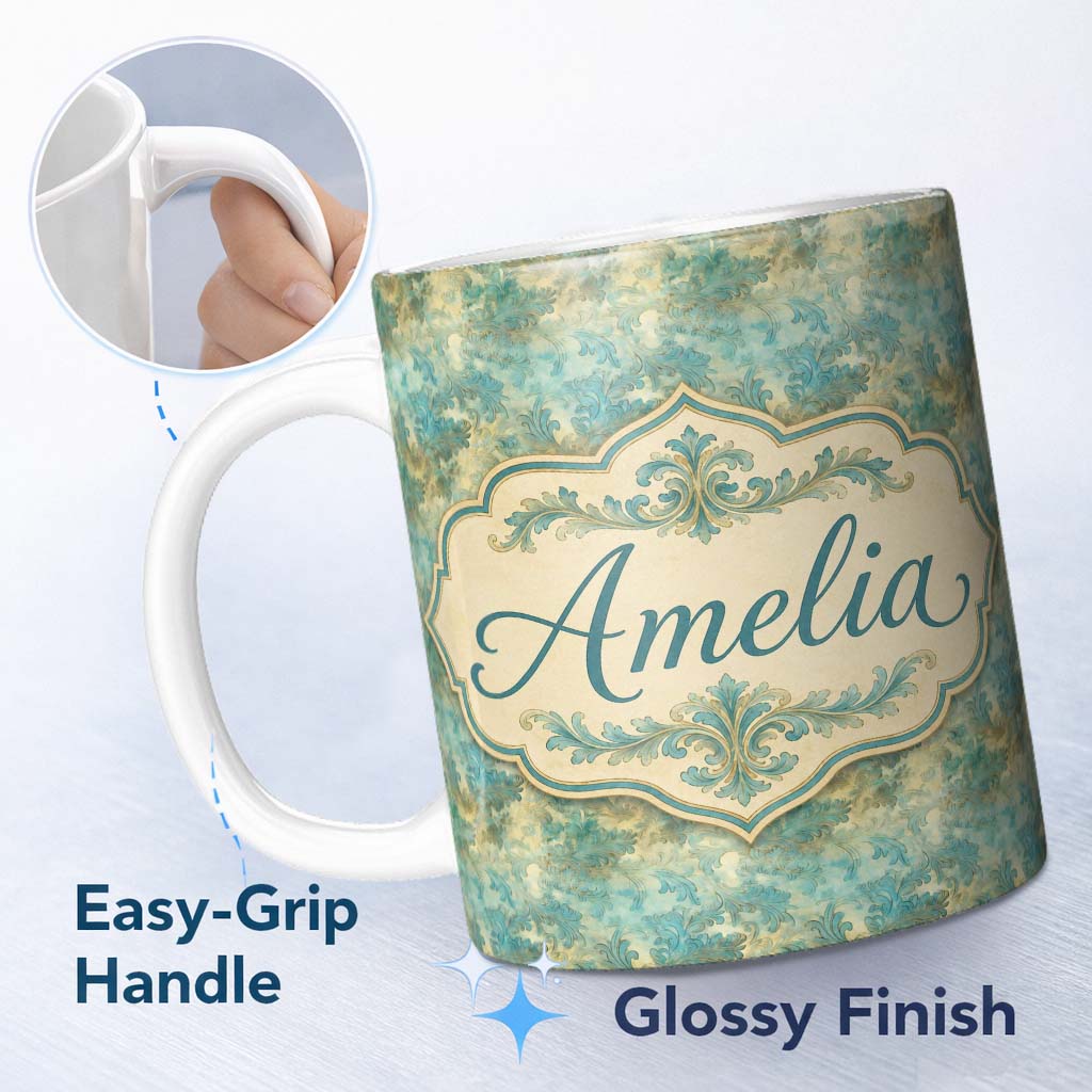 Personalized Custom Name Elegant Teal Damask Ornamental Vintage Style Seamless Name Cute 11oz Ceramic Coffee Tea Mug White Large Handle