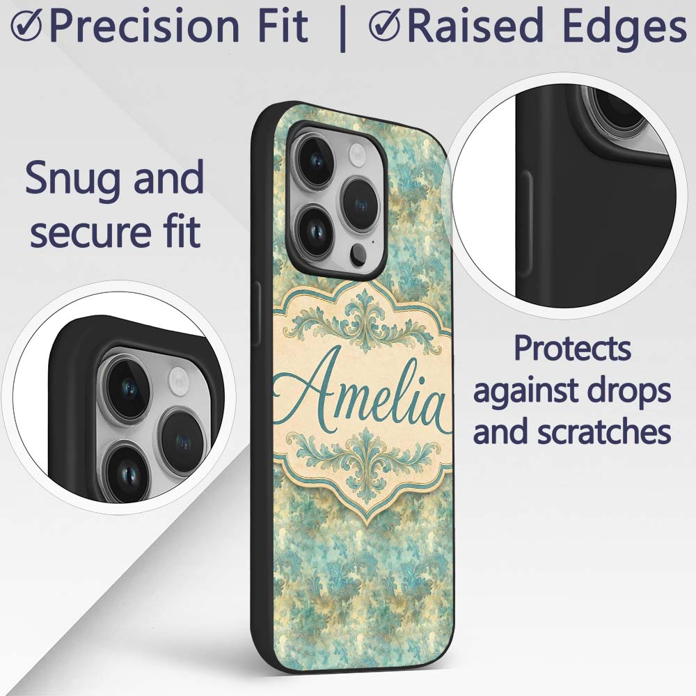 Elegant Teal Damask Ornamental Vintage Style Custom Name Protective Phone Case Mobile Cover Durable Everyday Smartphone Shock Resistant