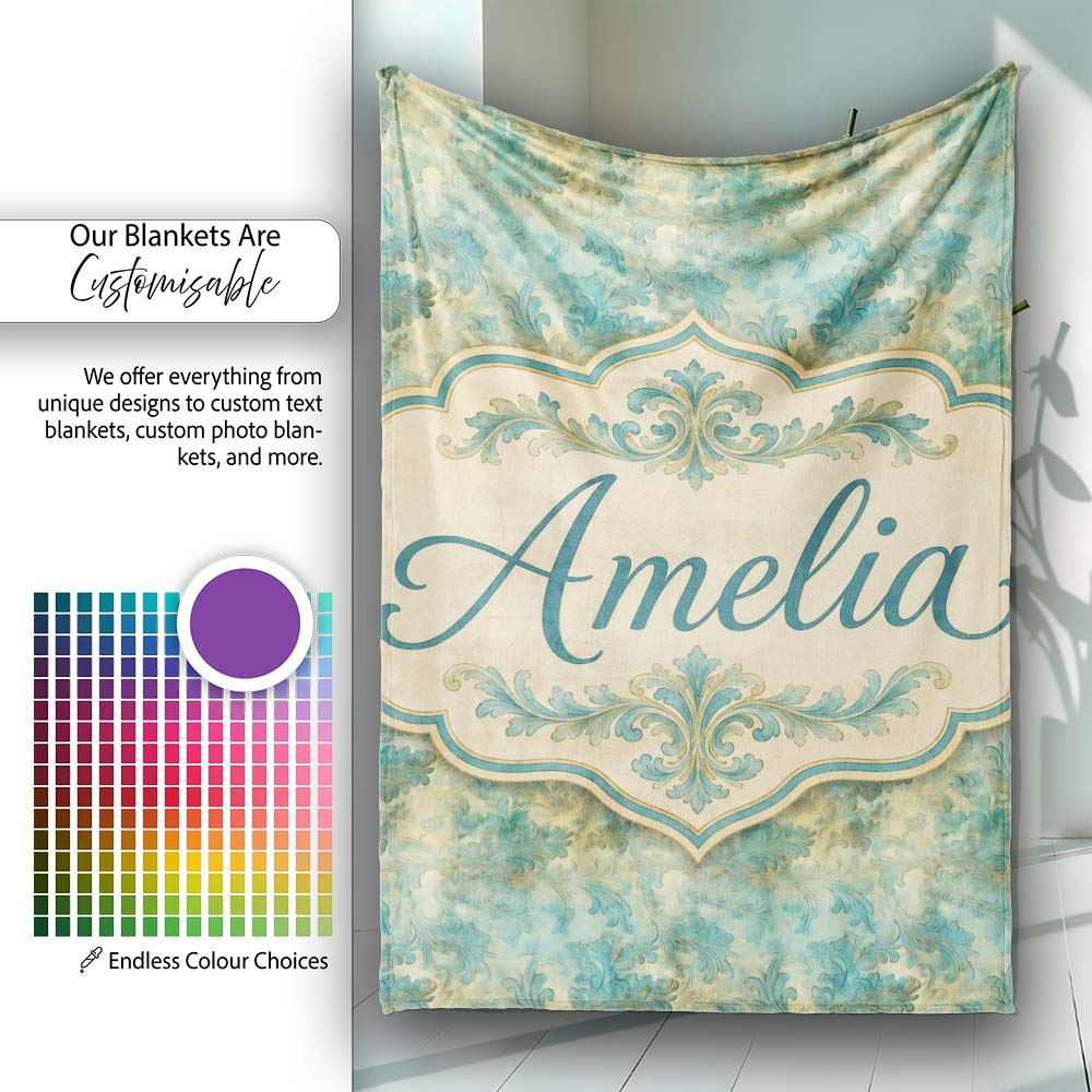 Elegant Teal Damask Ornamental Vintage Style Seamless Name Cute Personalised Custom Name Super Soft Fleece Blanket Bed Sofa Throw