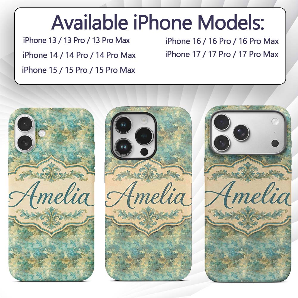 Elegant Teal Damask Ornamental Vintage Style Custom Name Protective Phone Case Mobile Cover Durable Everyday Smartphone Shock Resistant