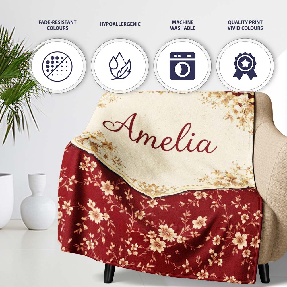 Red Floral Seamless Pattern Thoughtful Gift Idea Cute Unique Gift Personalised Custom Name Super Soft Fleece Blanket Bed Sofa Throw