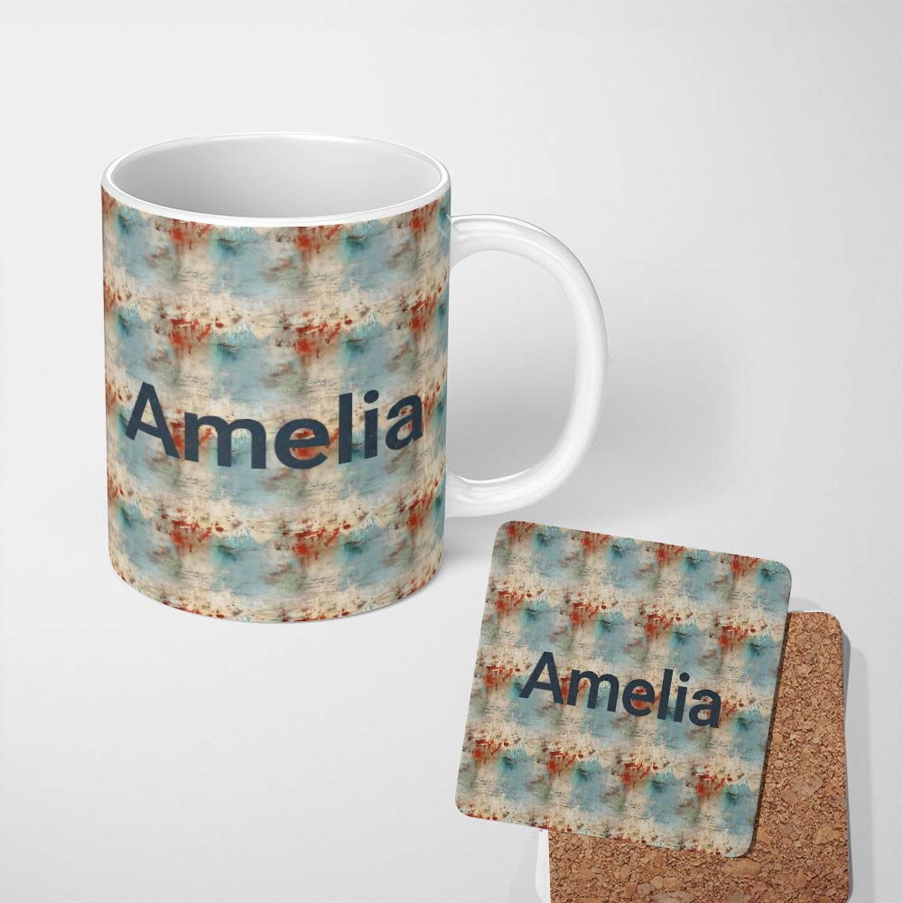 Personalized Custom Name Abstract Grunge Texture with Red and Blue Tones Seamless Name Cute 11oz Ceramic Coffee Tea Mug White Large Handle