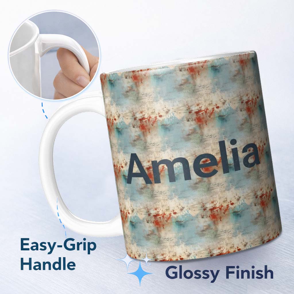 Personalized Custom Name Abstract Grunge Texture with Red and Blue Tones Seamless Name Cute 11oz Ceramic Coffee Tea Mug White Large Handle