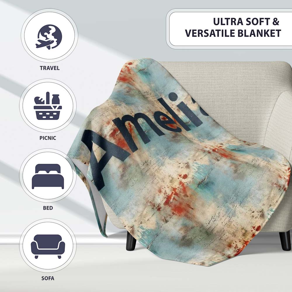 Abstract Grunge Texture with Red and Blue Tones Seamless Name Cute Personalised Custom Name Super Soft Fleece Blanket Bed Sofa Throw