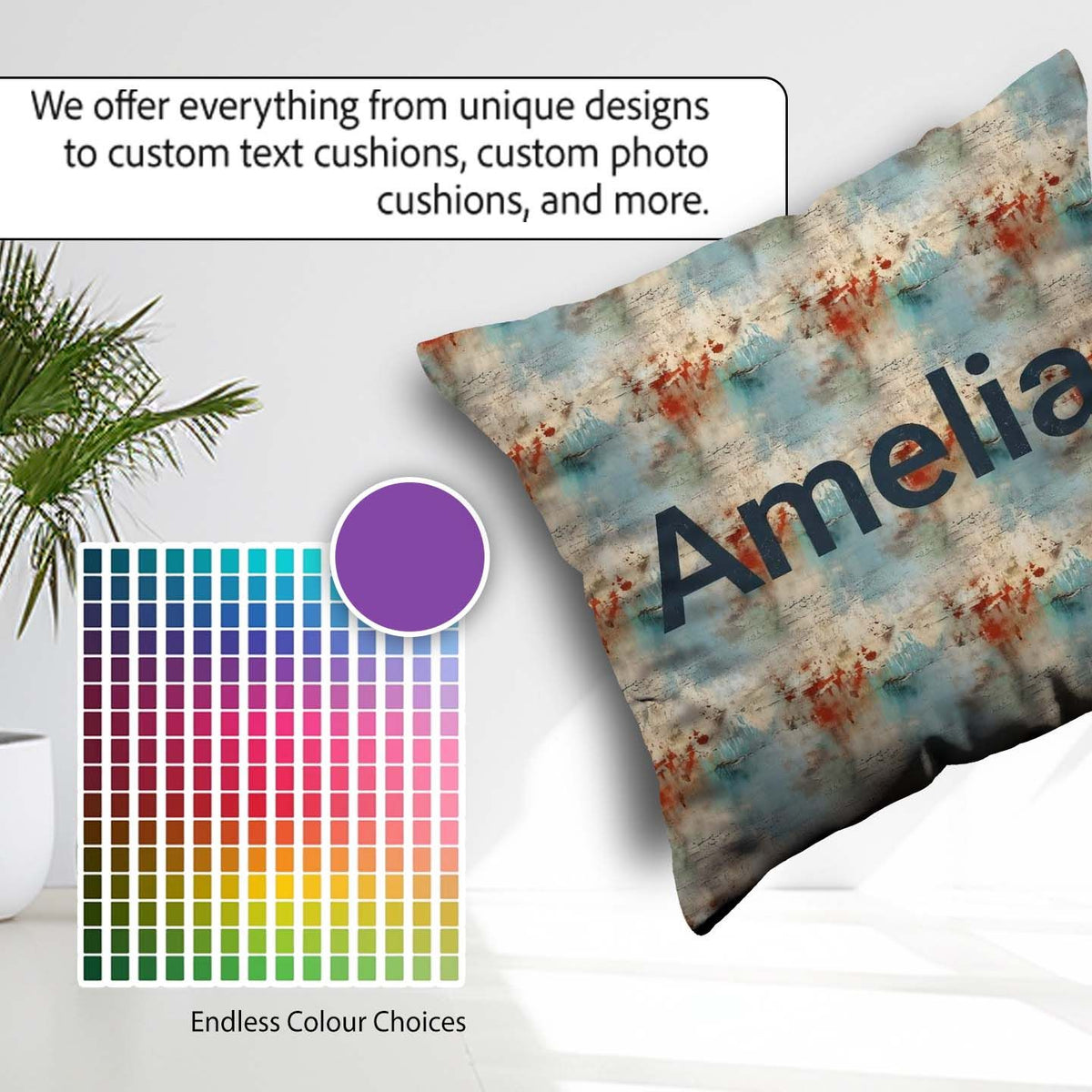Custom Name Abstract Grunge Texture with Red and Blue Tones Name Square Filled Cushion Throw Pillow Sofa Bed Home Decor Zip Washable UK Made