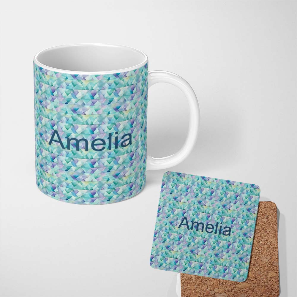 Personalized Custom Name Modern Geometric Watercolor Shapes in Teal Purple Seamless Name Cute 11oz Ceramic Coffee Tea Mug White Large Handle