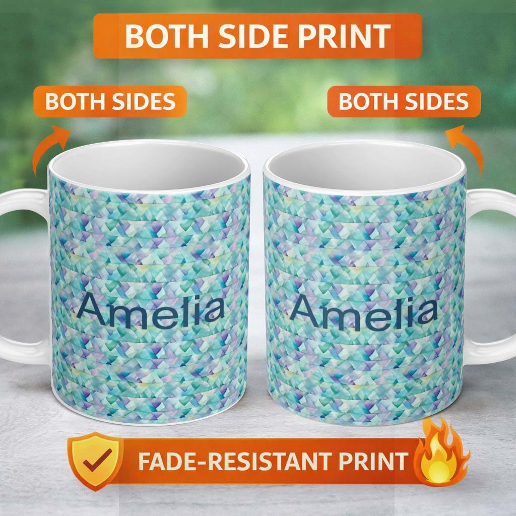 Personalized Custom Name Modern Geometric Watercolor Shapes in Teal Purple Seamless Name Cute 11oz Ceramic Coffee Tea Mug White Large Handle