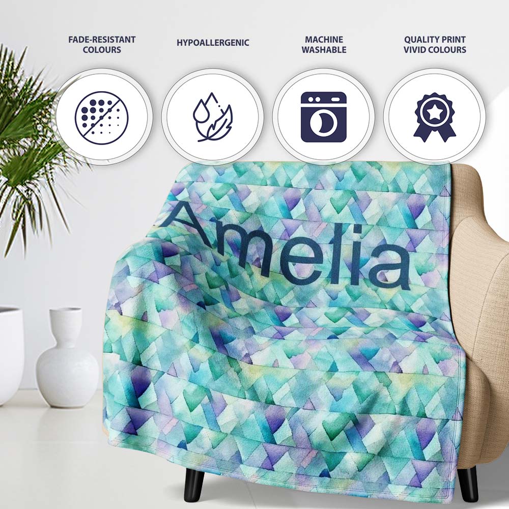 Modern Geometric Watercolor Shapes in Teal Purple Seamless Name Cute Personalised Custom Name Super Soft Fleece Blanket Bed Sofa Throw