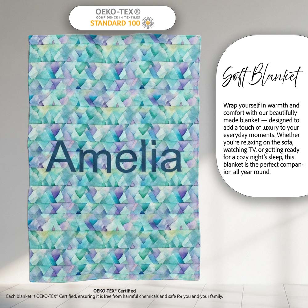 Modern Geometric Watercolor Shapes in Teal Purple Seamless Name Cute Personalised Custom Name Super Soft Fleece Blanket Bed Sofa Throw